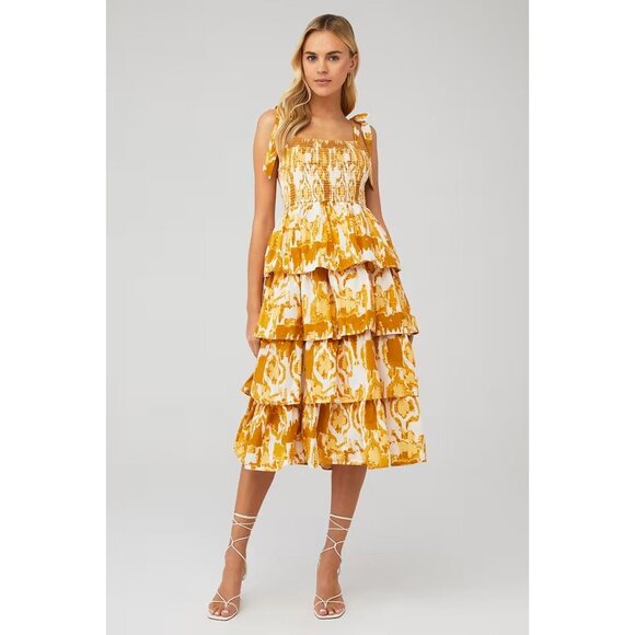 Cleobella Shae Midi Dress Yellow Watercolor Ikat Print - Size Medium - Picture 6 of 7